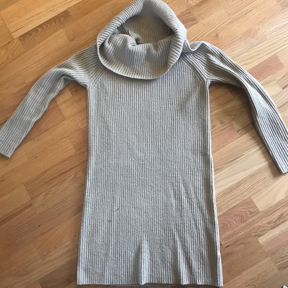 Tan cowl-neck ribbed sweater dress.
